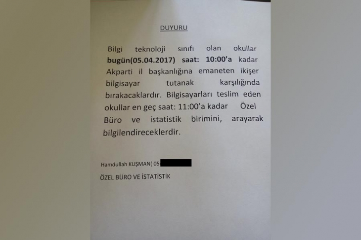 Van’da okullara ‘AKP’ye bilgisayar gönderin’ talimatı
