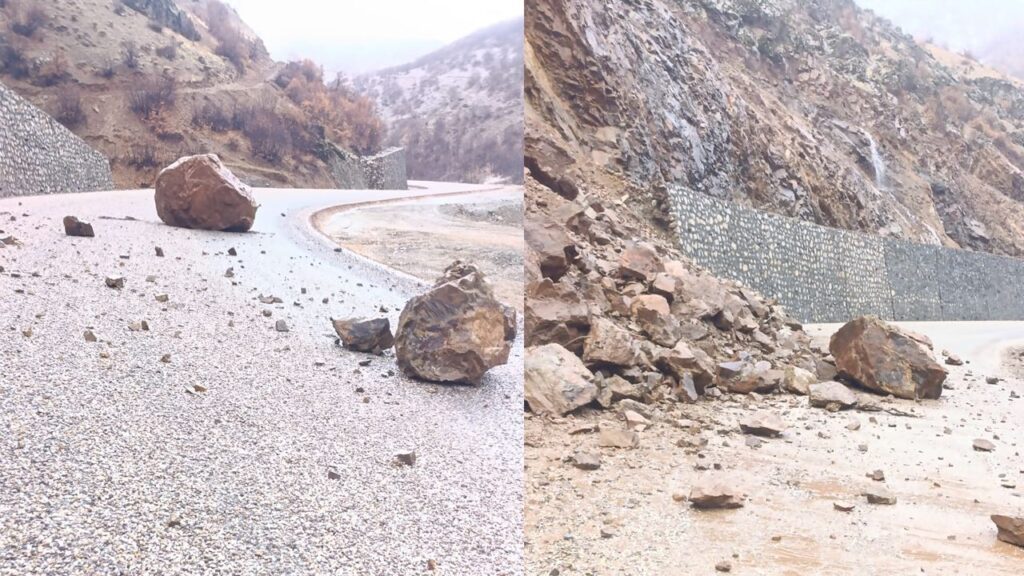 Şemdinli’de dev kayalar yolu kapattı