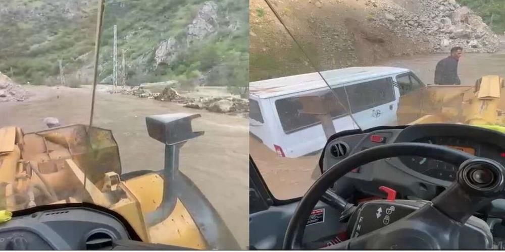 Hakkari’de dere taştı: Yolda mahsur kalan minibüs 3 saatlik çalışmayla kurtarıldı