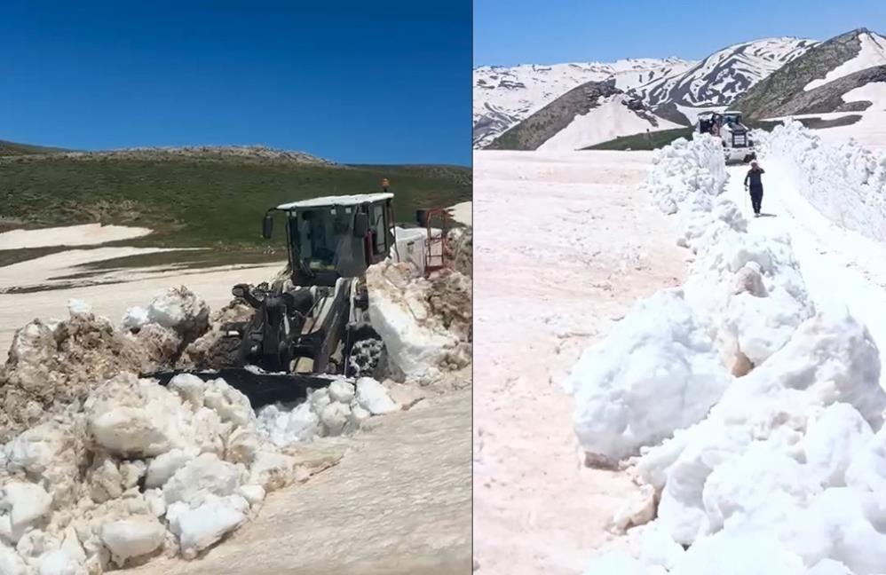 Hakkari’de yaz günü 3 metreyi bulan karda yol açma çalışması